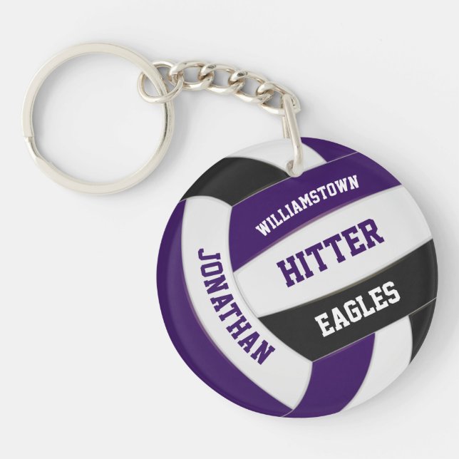 purple black team colours personalised volleyball key ring (Front)