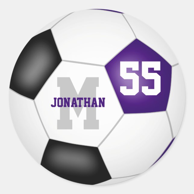 purple black team colours soccer ball personalised classic round sticker (Front)
