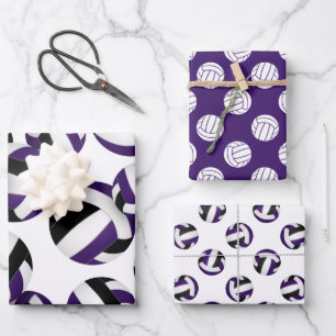 purple black team colours volleyballs set of 3 wrapping paper sheet