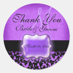 Purple black "thank you" wedding damask classic round sticker