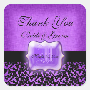 Purple black "thank you" wedding damask square sticker