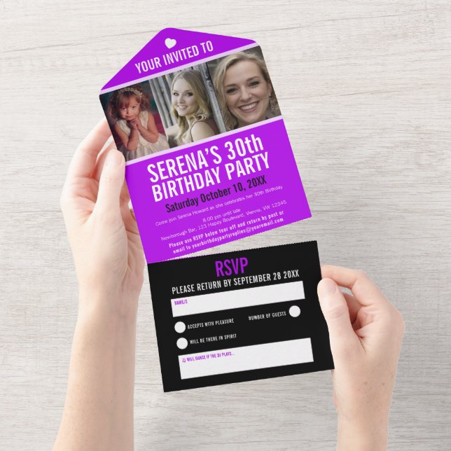 Purple black three photos 30th Birthday party All In One Invitation (Tearaway)