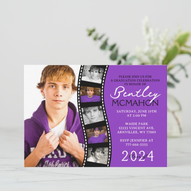 Purple & Black Unique Filmstrip 6 Photo Graduation Invitation (Standing Front)