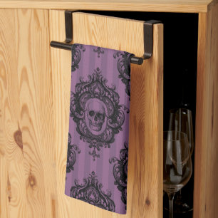 Purple & Black Victorian Skulls Pattern Halloween Tea Towel