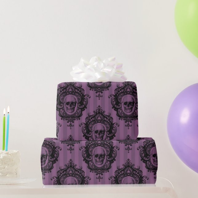 Purple & Black Victorian Skulls Pattern Halloween Wrapping Paper (Party Gifts)