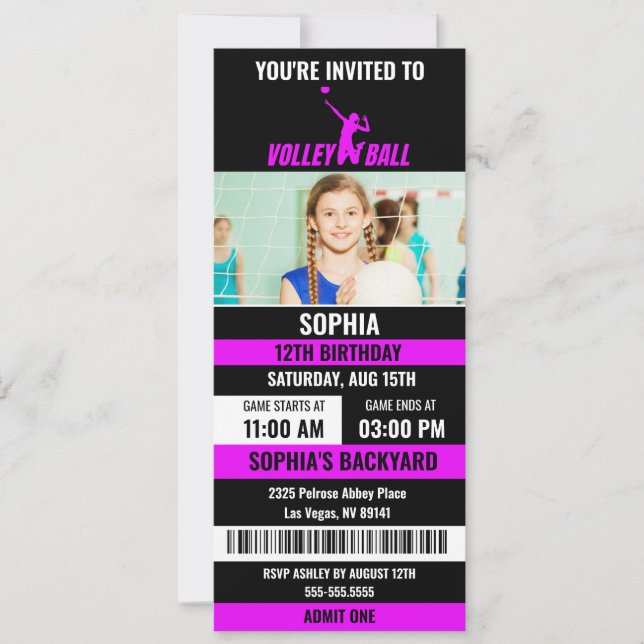 Purple Black Volleyball Ticket Birthday Photo Invitation (Front)