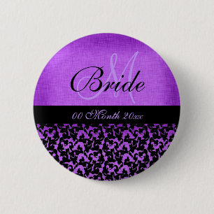Purple black wedding bride floral damask 6 cm round badge