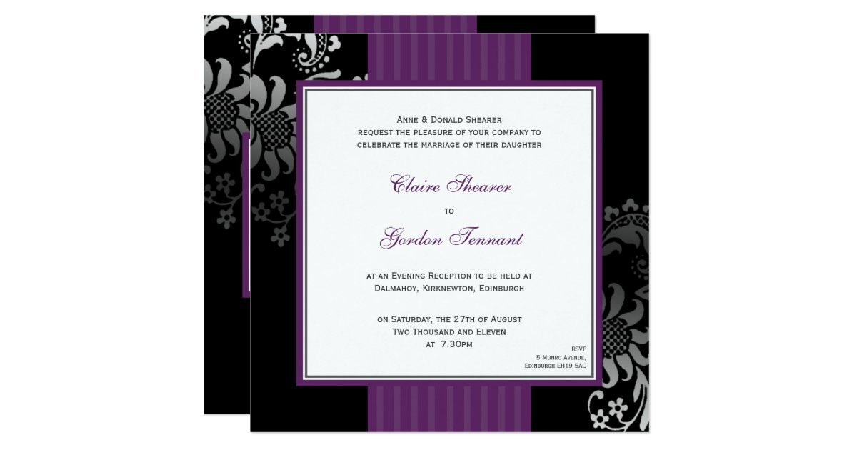 Purple & Black Wedding Invitation Purple Zazzle.co.uk