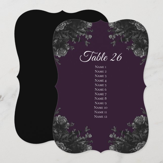 Purple Black Wedding Table Number Escort Cards (Front/Back)