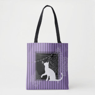 Purple black, white cat, and black stripes tote bag