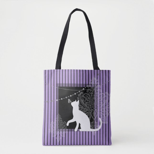Purple black, white cat, and black stripes tote bag (Front)