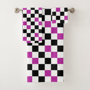 Purple Black White Chequered Pattern Design Bath Towel Set