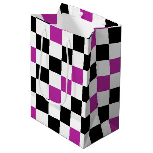 Purple Black White Chequered Pattern Design  Medium Gift Bag