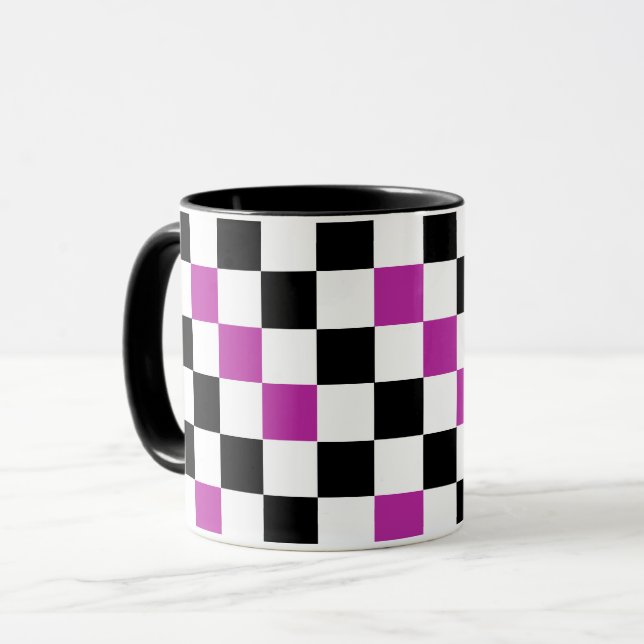 Purple Black White Chequered Pattern Design  Mug (Front Left)