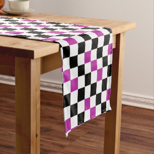 Purple Black White Chequered Pattern Design Short Table Runner