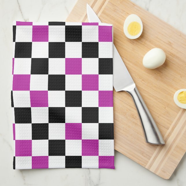 Purple Black White Chequered Pattern Design  Tea Towel (Quarter Fold)