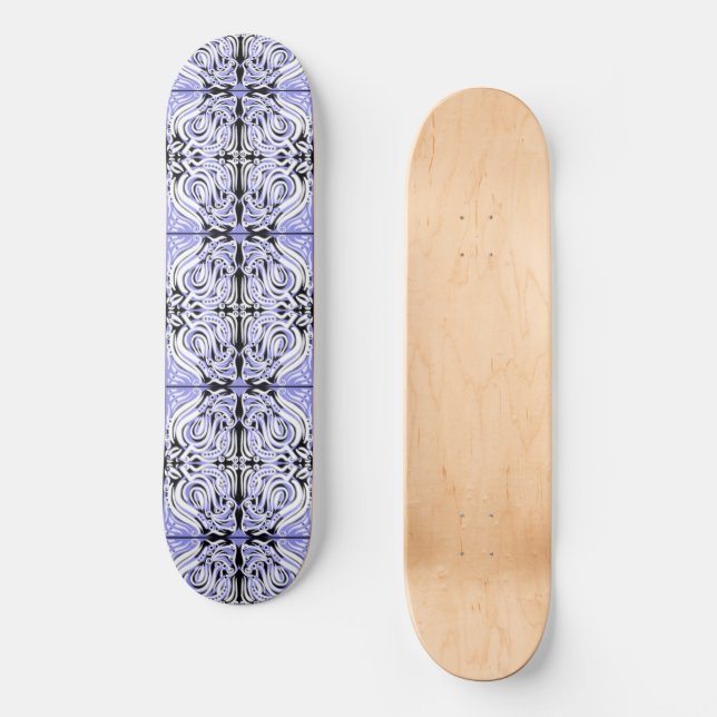 Purple Black White Curly Abstract Repeat Pattern  Skateboard (Front)