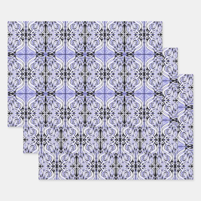 Purple Black White Curly Abstract Repeat Pattern  Wrapping Paper Sheet (Set)