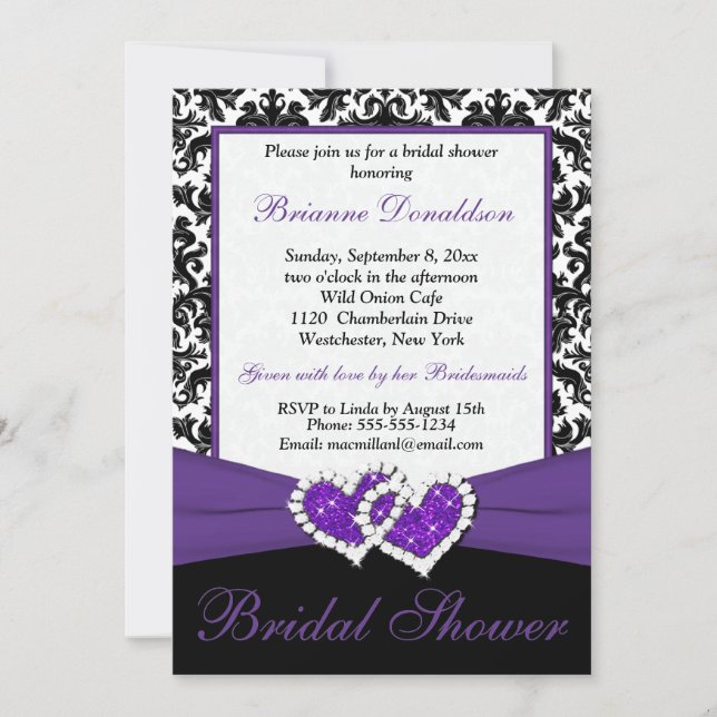 Purple Black White Damask Bridal Shower Invite (Front)