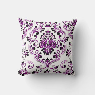 Purple Black White Damask Floral Pattern Elegant  Cushion
