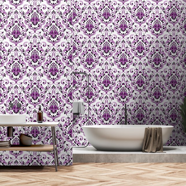 Purple Black White Damask Floral peel and stick Wallpaper (Bathroom)