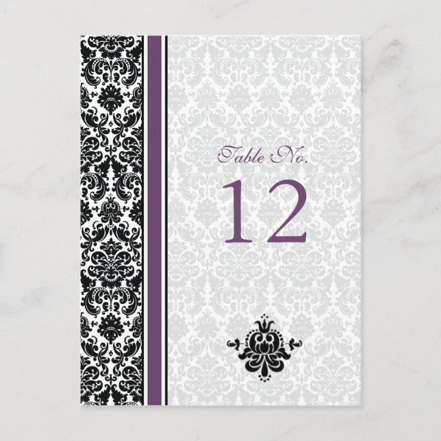 Purple, Black, White Damask Table Number Card (Front)