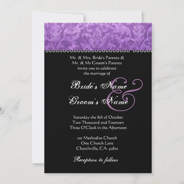Purple Black White Damask Wedding Invitation (Front)