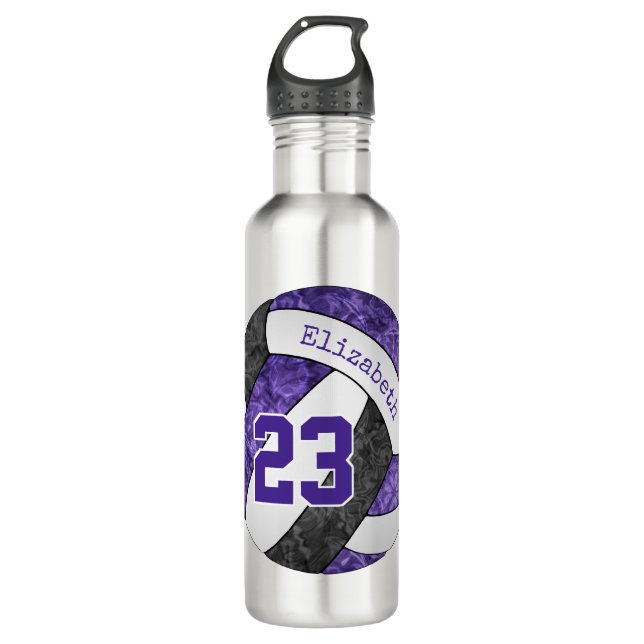 Purple black white girls' volleyball team colours 710 ml water bottle (Front)