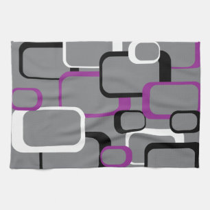 Purple Black White Retro Square Pattern Tea Towel