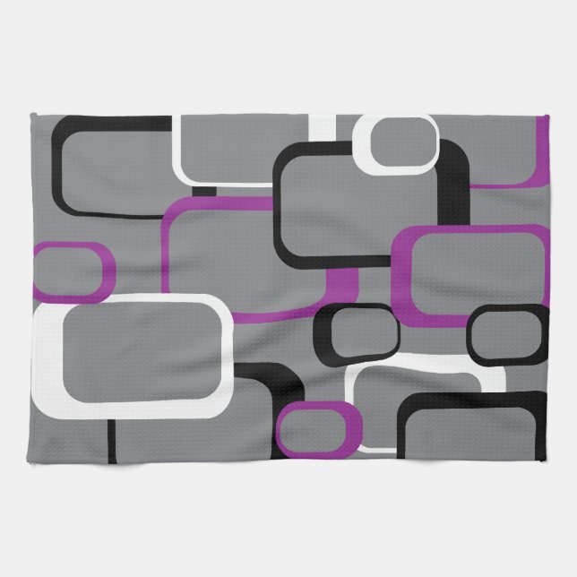 Purple Black White Retro Square Pattern Tea Towel (Horizontal)