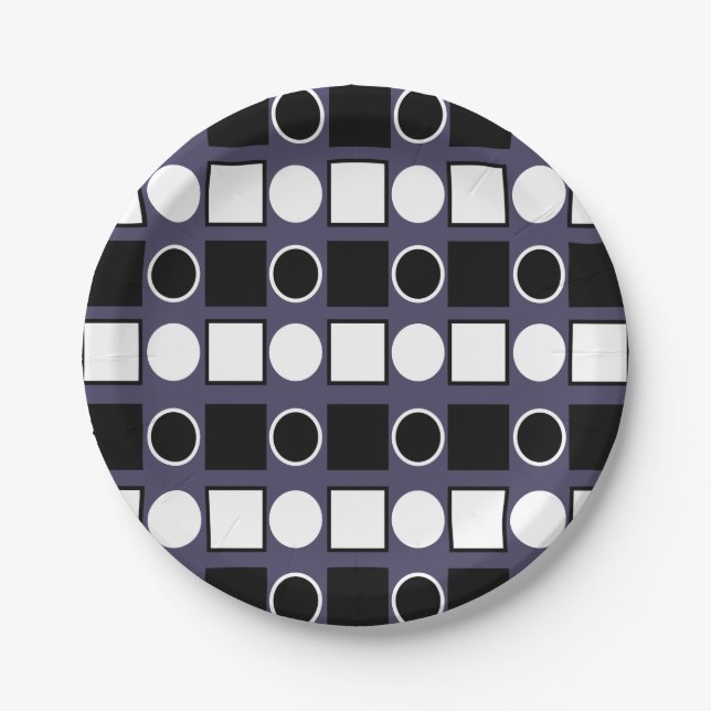 Purple Black White Square Circle Geometric  Paper Plate (Front)