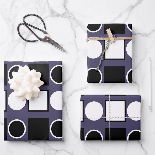 Purple Black White Square Circle Geometric Pattern Wrapping Paper Sheet (Front)
