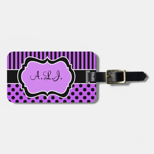 Purple, Black, White Striped Polk Dots Luggage Tag (Front Horizontal)