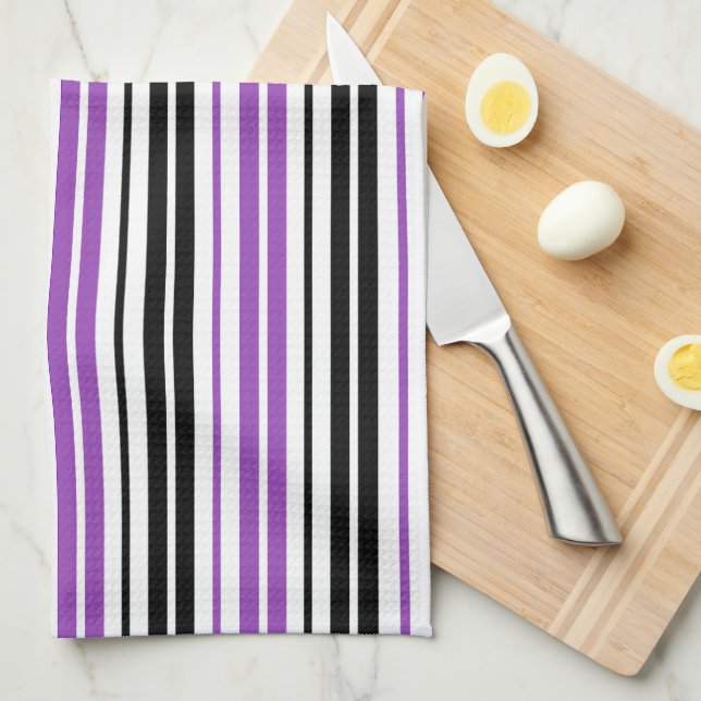 Purple Black White Stripes Pattern Design  Tea Towel (Quarter Fold)