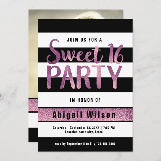 Purple black white sweet sixteen birthday party invitation (Front/Back)