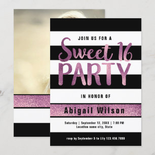 Purple black white sweet sixteen birthday party invitation