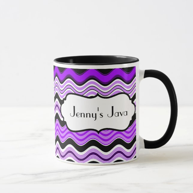 Purple, Black, White Wavy Stripes Personalised Mug (Right)