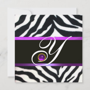PURPLE BLACK WHITE ZEBRA FUR MONOGRAM ,amethyst Invitation