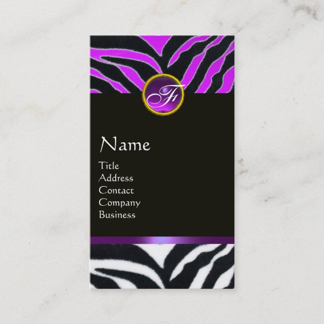 PURPLE BLACK WHITE ZEBRA FUR MONOGRAM BUSINESS CARD (Front)