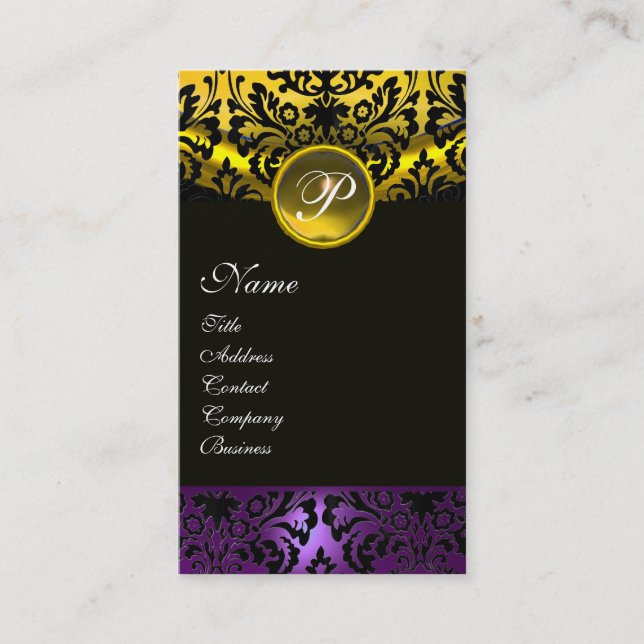 PURPLE BLACK YELLOW TOPAZ  DAMASK MONOGRAM , gold Business Card (Front)