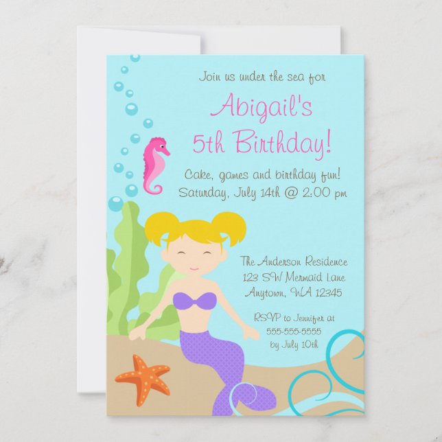Purple Blonde Mermaid Under The Sea Birthday Invitation (Front)