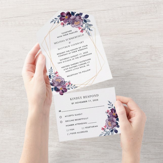 Purple Bloom Floral Geometric Wedding All In One Invitation (Tearaway)