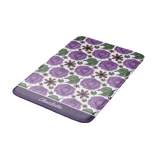 Purple bloom floral seamless pattern personalised  bath mat (Angled)
