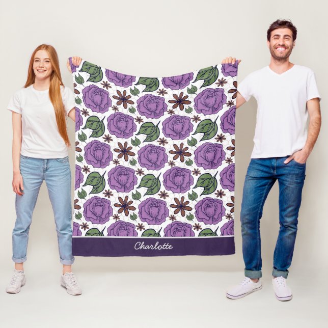 Purple bloom floral seamless pattern personalised fleece blanket (In Situ)