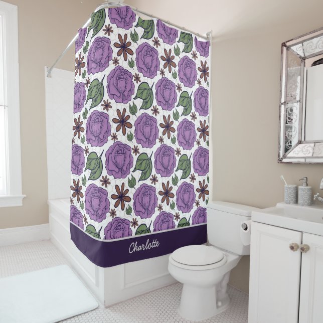Purple bloom floral seamless pattern personalised  shower curtain (In Situ)