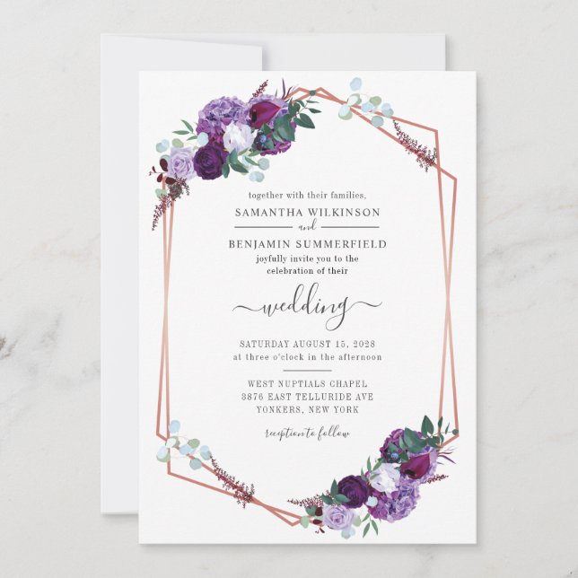 Purple Bloom Greenery Geometric Modern Wedding Invitation (Front)