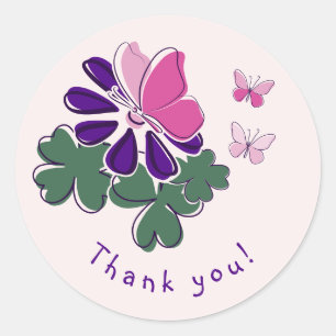 Purple Bloom Pink Butterfly Doodle Thank you! Classic Round Sticker