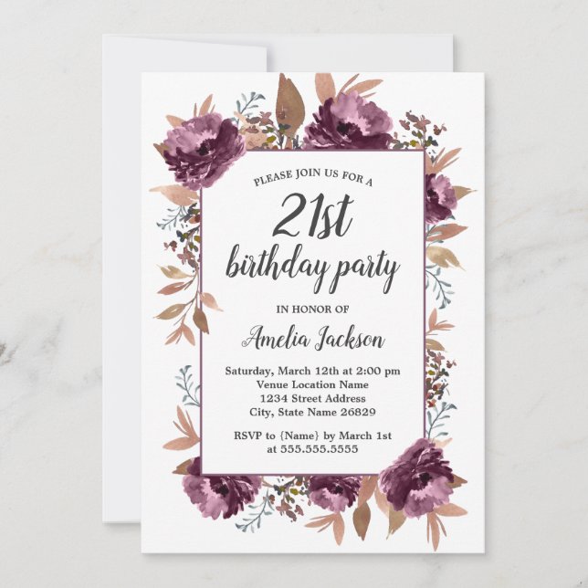 Purple Bloom Watercolor 21st Birthday Invitation (Front)