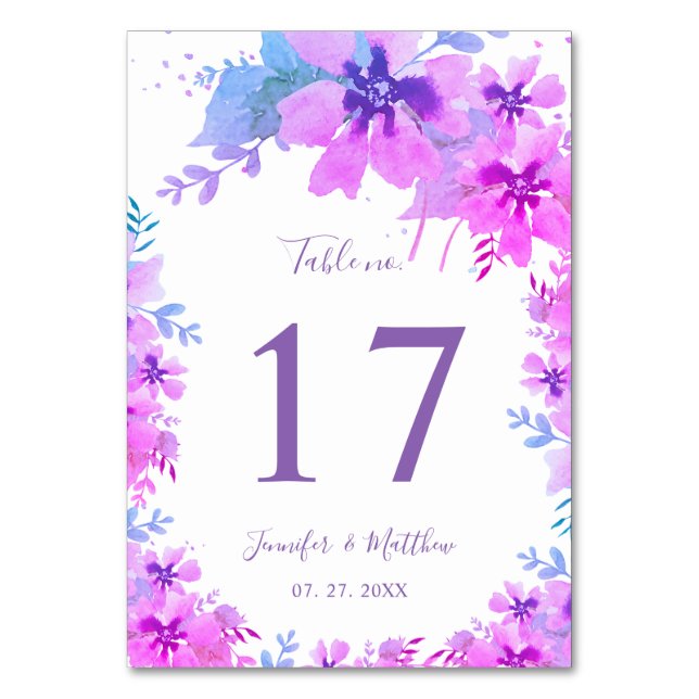 Purple Blooming Floral Wedding Table Number  (Front)