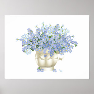Purple Blooming Flowers in a Beige Color Vase Poster